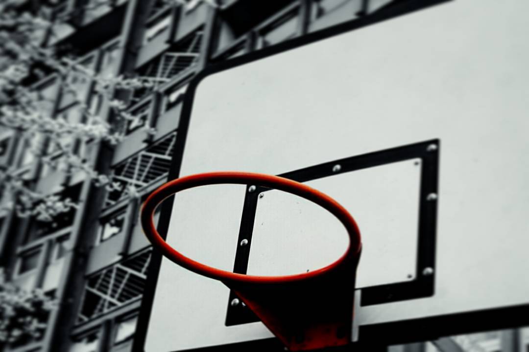 a basketball hoop in a colourless urban jungle